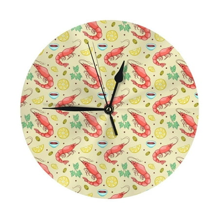 Wall Clock, Shrimp Lemons Yellow Wall Clocks Battery Operated Silent Kitchen Office Wall Clock Decorative, Wall Clock for Living Room School Classroom Bedroom Home Decor