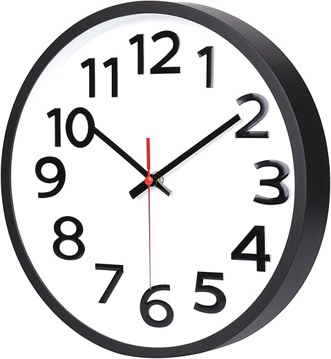 Wall Clock Silent Non-Ticking 10 Inch Quality Quartz Battery Operated Easy to Read for Classroom Office Kitchen Bedroom School Decor,3D Numbers,Black