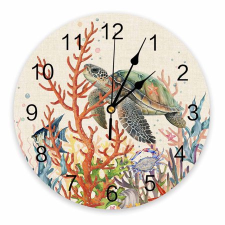 Wall Clock Silent Non-Ticking Home Decor, Retro Sea Turtle Coral Starfish Conch Crab 12 Inch Number Dial Face Battery Operated Sweep Movement Wall Clock for Kitchen, Bedroom, Living Room