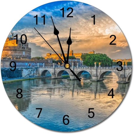 Wall Clock Silent Non Ticking Pvc Clocks, Rome Bridge Of Angels Architecture Italy Building C 17, Battery Operated 10In(25Cm), Round Farmhouse Clock, Rustic Clocks Decor, Made In The Usa