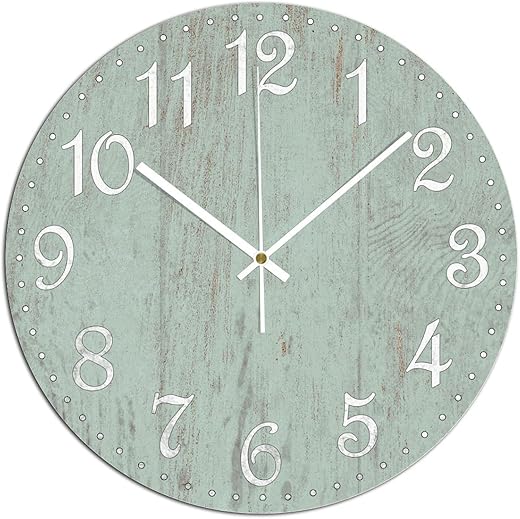 Wall Clock Silent Non Ticking Wooden Clocks Seafoam Green Clock Battery Operated 15in, Round Farmhouse Clock, Rustic Clocks Decor for Home Kitchen Office