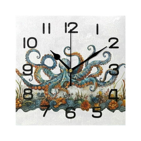 Wall Clock Square Silent Non-Ticking Artistic Octopus Retro Battery Operated Clock 7.78 inch Home Kitchen Office Decoration