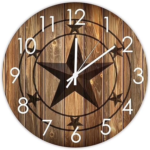 Wall Clock Western Texas Star Silent Battery Operated Rural Wood Clock Rustic Western Country Wall Decor for Bedroom Living Room Beach House Garden Deck