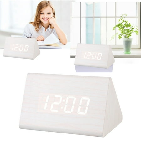 Wall Clock, Wooden White Alarm Clock, Wooden Wood Clock New Version LED Alarm Digital Desk Clock Adjustable Brightness Alarm Time Displays Time Date Temperature