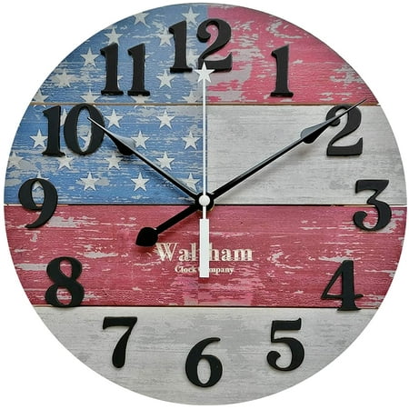 Waltham Real Wood Wall Clock, 12 inch, Battery Operated, American Flag Design - Made from Real Wood – not Particle Board or MDF- 100% Real Wood!