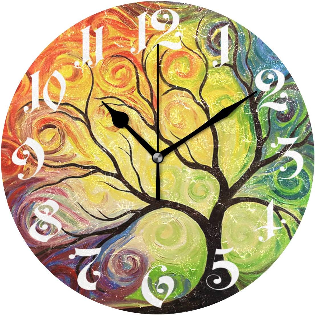 Wamika Wall Clock Tree of Life Rainbow Branch Leaves Seasonal Flowers Round Clock Silent Non Ticking Decorative, Spring Summer Autumn Floral Clocks 10 Inch Battery Operated Quartz Quiet Desk Clock