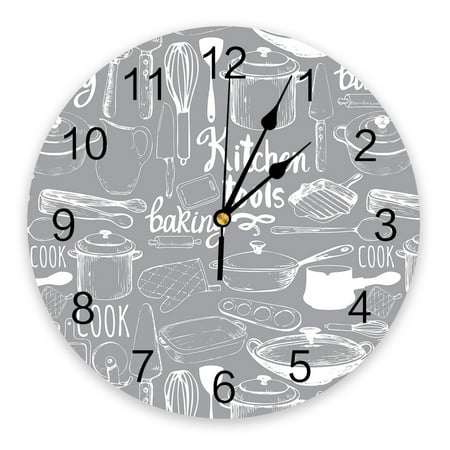 Watch Table Clocks Printed Clock Round Digital Room Living Decor Wall Clock Wall Mute PVC Fork And Knife Gourmet Kitchen Chef