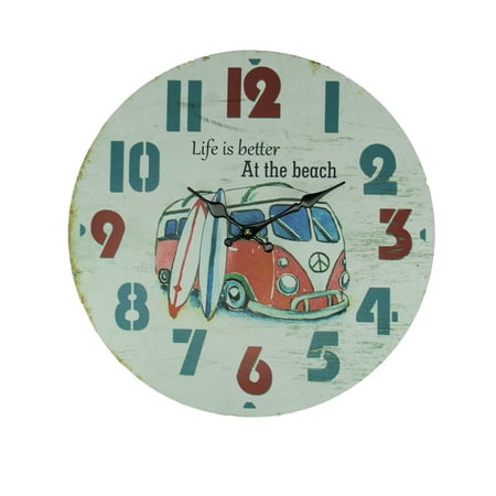 Weathered White Wood Vintage Surfer Bus Wall Clock