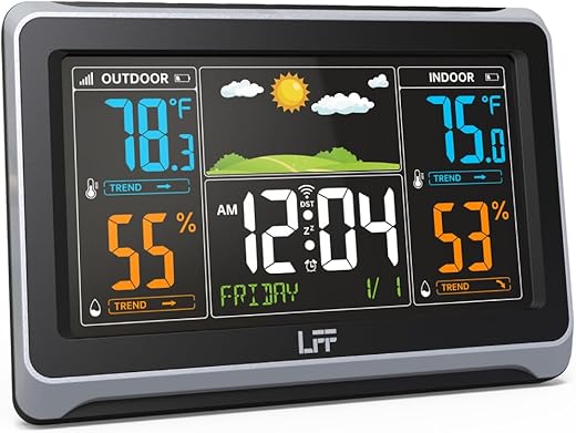 Weather Stations Wireless Indoor Outdoor, LFF Weather Station Indoor Outdoor Thermometer Wireless, Color Display Digital Weather Thermometer with Atomic Clock, Weather Forecast Station with Backlight