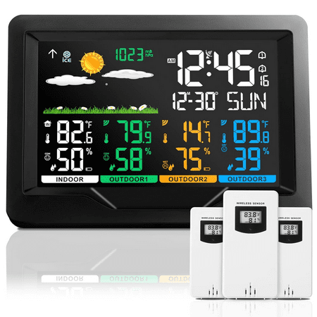 Weather Stations Wireless Indoor Outdoor Thermometers, Color Display Digital Atomic Clocks with Indoor Outdoor Temperature, Weather Thermometers with Multiple Sensors and Adjustable Backlight