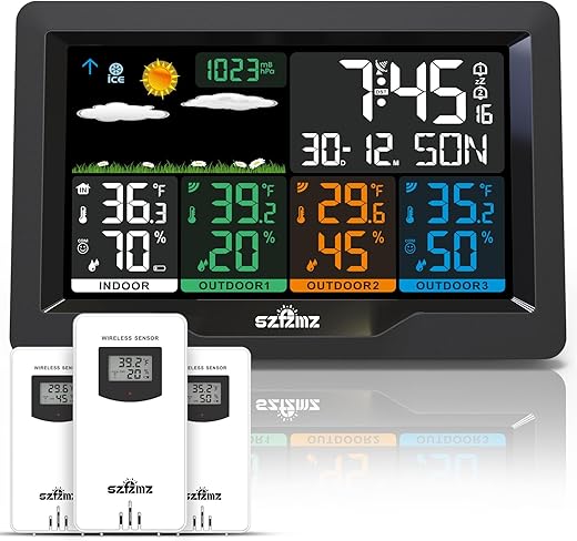 Weather Stations Wireless Indoor Outdoor with Multiple Sensors, SZFZMZ Color Display Weather Station Indoor Outdoor Thermometer Wireless Weather Forecast Station, Digital Atomic Clock with Backlight