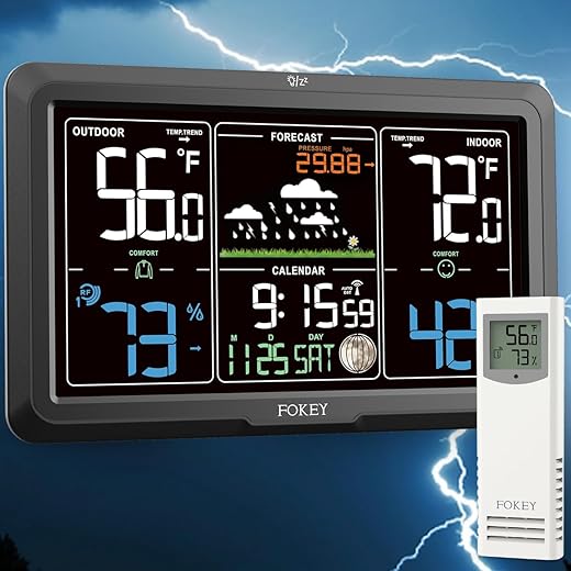 Weather Station Wireless Indoor Outdoor, Indoor Outdoor Thermometer Wireless Clock, Weather Station Digital Home Outdoor Gauge 7.6in Large Display Atomic Clock Temperature Humidity Phase Black