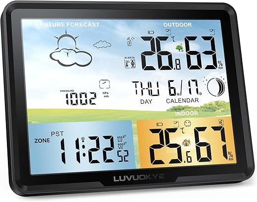 Weather Station Wireless Indoor Outdoor Thermometer, Color Display Digital Thermometer Humidity Monitor with Atomic Clock, Forecast Station with Calendar and Adjustable Backlight for Home