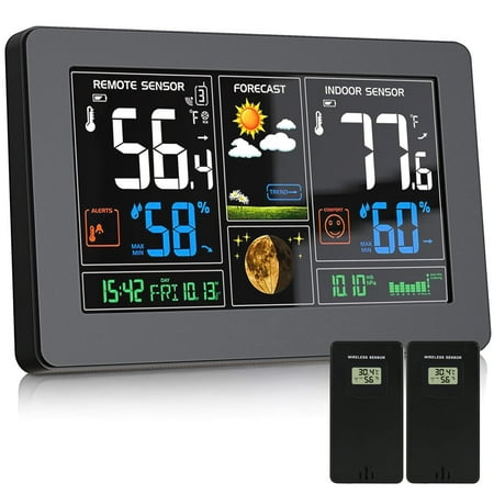 Weather Station Wireless Indoor Outdoor Thermometer, Color Display Digital Weather Thermometer with Atomic Clock, Barometric Pressure, Forecast Station with Adjustable Backlight, Black