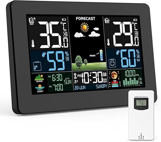 Weather Station Wireless Indoor Outdoor, Thermometer Wireless with Remote Sensor, Home Weather Station, Color Display Digital Weather Forecast, Humidity, Atomic Clock, Air Pressure for Home, Black