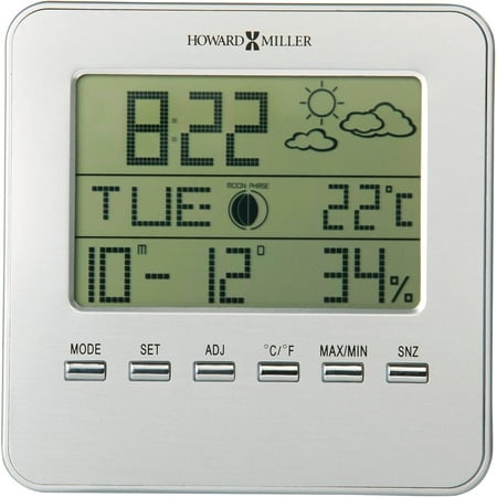 Weather View Table Clock 645-693 – Silver Finish, LCD Screen, Displays Temperature, Humidity, Calendar, Moon Phase & Time, Quartz & Alarm Movement