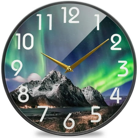 Wellsay 3D Beautiful Lofoten Islands Winter Northern Light Round Wall Clock, 12 Inch Silent Battery Operated Quartz Analog Quiet Desk Clock for Home,Office,School,Kitchen