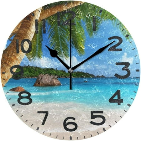 Wellsay 3D Beautiful Summer Beach Palm Tree Print Retro Round Wall Clock Decorative, 9.5 Inch Battery Operated Quartz Analog Quiet Desk Clock for Home,Office,School