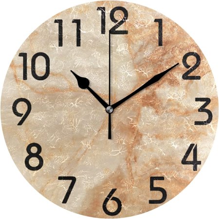 Wellsay 3D Beige Marble Stone Printed Round Wall Clock, 9.5 Inch Battery Operated Quartz Analog Quiet Desk Clock for Home,Office,School,Kitchen