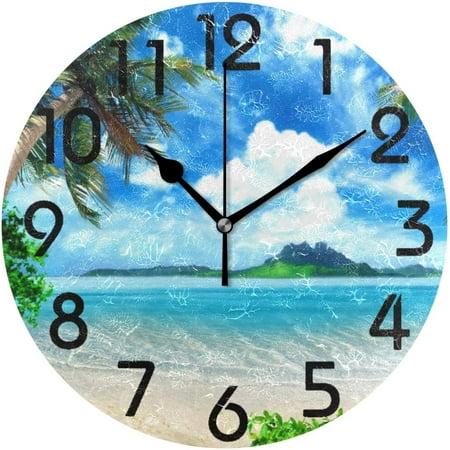 Wellsay 3D Stylish Tropical Palm Tree Island Summber Bach Print Round Wall Clock Decorative, 9.5 Inch Battery Operated Quartz Analog Quiet Desk Clock for Home,Office,School