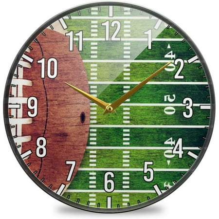 Wellsay American Football Pattern Wall Clock 12 Inch, Silent Non-Ticking, Round Acrylic Decor Clock for Bedroom/Office/Nursery Room