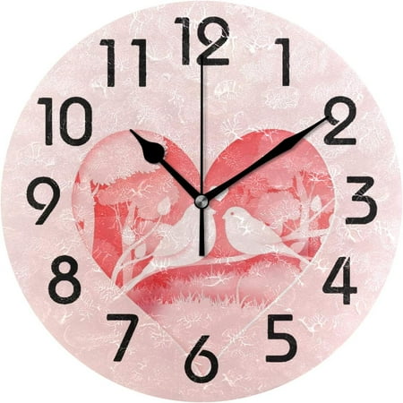 Wellsay Chic Pink Heart Shape Lover Birds on Tree Valentine Pattern Round Wall Clock, 9.5 Inch Battery Operated Quartz Analog Quiet Desk Clock for Home,Office,School