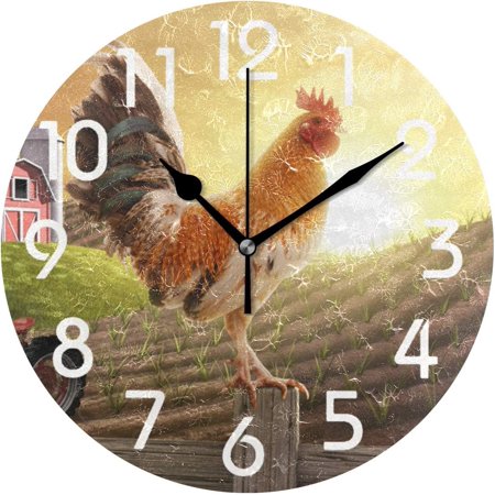 Wellsay Farm Beautiful Rooster Round Wall Clock, 9.5 Inch Battery Operated Quartz Analog Quiet Desk Clock for Home,Office,School,Kitchen,Cafe