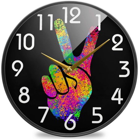 Wellsay Hippie Colors Two Fingers Victory Logo Round Wall Clock, 9.5 Inch Silent Battery Operated Quartz Analog Quiet Desk Clock for Home,Office,School