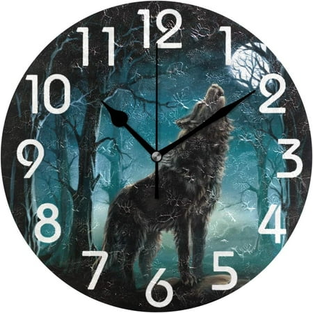 Wellsay Horrible Night Roaring Wolf Print Round Wall Clock, 9.5 Inch Battery Operated Quartz Analog Quiet Desk Clock for Home,Office,School