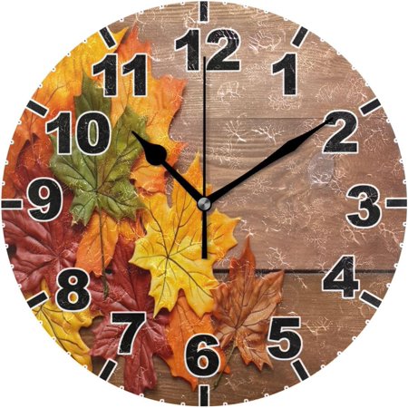 Wellsay Maple Leaves on Wood Round Wall Clock, Battery Operated Silent Non Ticking Desk Clock for Home Bedroom Kitchen Office School Decor Wall Clock 9.9 Inch