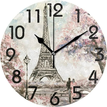 Wellsay Paris Eiffel Tower Painting Tree Couple Round Wall Clock, 9.5 Inch Battery Operated Quartz Analog Quiet Desk Clock for Home,Office,School,Kitchen