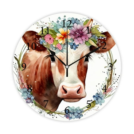 Wellsay Round Wall Clock, Cow Portrait with Flowers 10in Battery Operated Quartz Analog Quiet Desk Clock for Home,Kitchen,Office,School