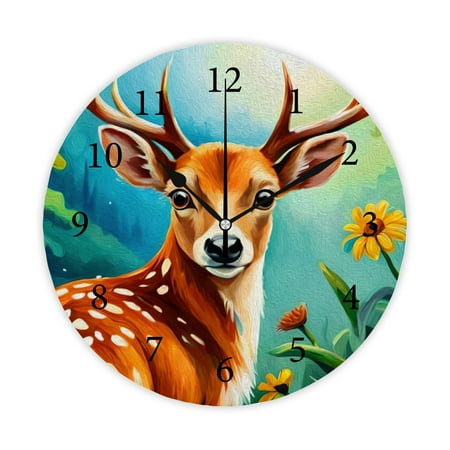 Wellsay Round Wall Clock, Cute Deer Fawn 10in Battery Operated Quartz Analog Quiet Desk Clock for Home,Kitchen,Office,School