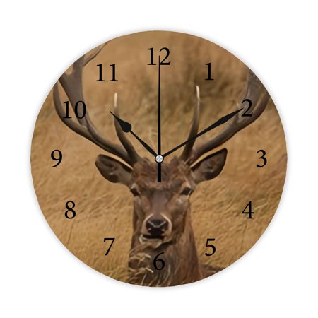 Wellsay Round Wall Clock, Deer with Antlers, Sitting 10in Battery Operated Quartz Analog Quiet Desk Clock for Home,Kitchen,Office,School