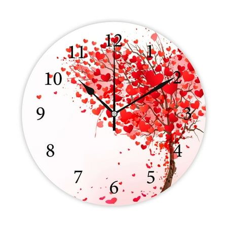 Wellsay Round Wall Clock, Heart Shaped Tree 10in Battery Operated Quartz Analog Quiet Desk Clock for Home,Kitchen,Office,School