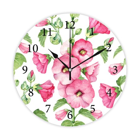 Wellsay Round Wall Clock, Mallow Flowers 10in Battery Operated Quartz Analog Quiet Desk Clock for Home,Kitchen,Office,School