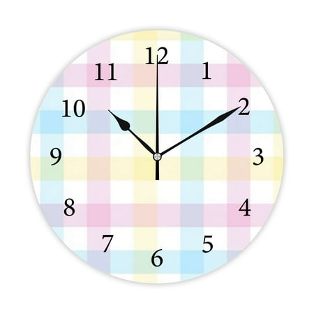 Wellsay Round Wall Clock, Pastel Tablecloth Gingham 10in Battery Operated Quartz Analog Quiet Desk Clock for Home,Kitchen,Office,School