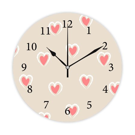 Wellsay Round Wall Clock, Pink Heart Shaped 10in Battery Operated Quartz Analog Quiet Desk Clock for Home,Kitchen,Office,School