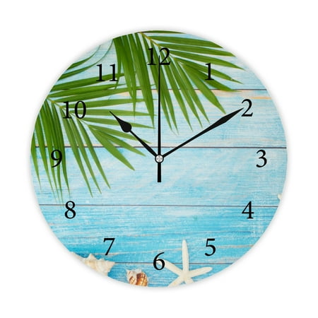 Wellsay Round Wall Clock, Summer Holiday with Palm Leaves 10in Battery Operated Quartz Analog Quiet Desk Clock for Home,Kitchen,Office,School