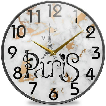 Wellsay Stylish Paris Eiffel Tower Print Round Wall Clock, 12 Inch Silent Battery Operated Quartz Analog Quiet Desk Clock for Home,Office,School,Coffee Shop