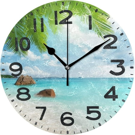 Wellsay Tropical Beach Coast Palm Tree Round Wall Clock, 9.5 Inch Battery Operated Quartz Analog Quiet Desk Clock for Home,Office,School,Kitchen