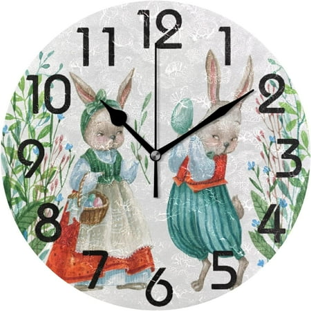 Wellsay Vintagde Easter Couple Bunny Round Wall Clock, 9.5 Inch Battery Operated Quartz Analog Quiet Desk Clock for Home,Office,School,Kitchen