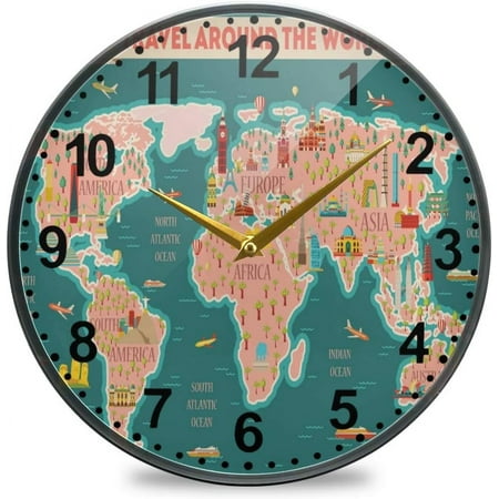 Wellsay World Travel Map Pattern Wall Clock Silent Non Ticking 9.5 Inch Round Easy to Read for Home Office School Clock