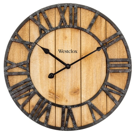 Westclox 16 Natural Wood Grain with Raised Roman Numerals & Iron Finish Analog QA Wall Clock