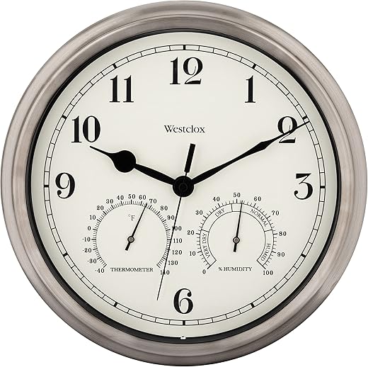 Westclox 49832 Indoor/Outdoor Clock with Temperature & Humidity Gauges, Silver