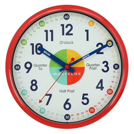 Westclox Red 12 Time Teacher Analog QA Wall Clock with Quiet Sweep Movement-Educational Timekeeping