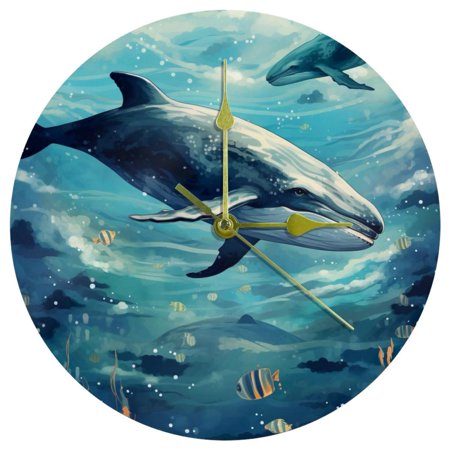 Whales Wall Clocks: Round Acrylic 9.8 Inches Silent Non Ticking Battery Powered for Kitchen Bedroom Living Room Office, etc.