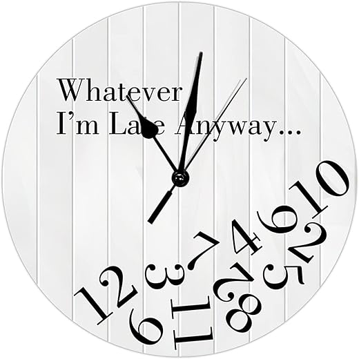 Whatever I'm Late Anyway Wall Clock Distressed White Wood Grain Wood Clock Battery Operated Silent Home Decorative Clocks Vintage Antique Wooden Clock for Living Room Bedroom 12inch