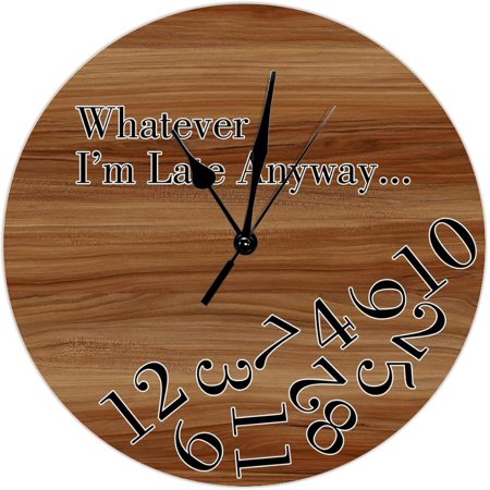 Whatever I'M Late Anyway Wall Clock Vintage Brown Wood Grain Distressed Clocks Battery Operated Silent Wood Clocks Vintage Antique Wooden Clock For Kitchen Dinning Room 12Inch