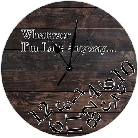 Whatever I'M Late Anyway Wall Clock Vintage Brown Wood Grain Distressed Wall Clocks Battery Operated Silent Wooden Decorative Clocks Vintage Antique Wooden Clock 10Inch